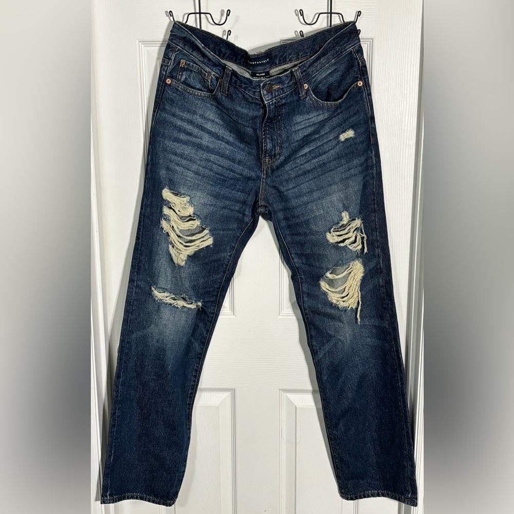 Aeropostale Y2K Extreme Distressed Relaxed Straight Jeans Rigid Denim 33/30